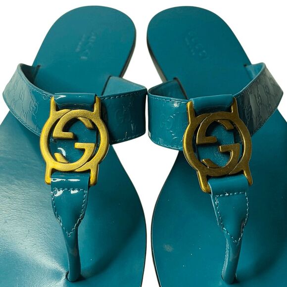 Gucci Microguccissima Patent Leather Interlocking GG Thong Sandals EU 36.5 Blue - Picture 5 of 13